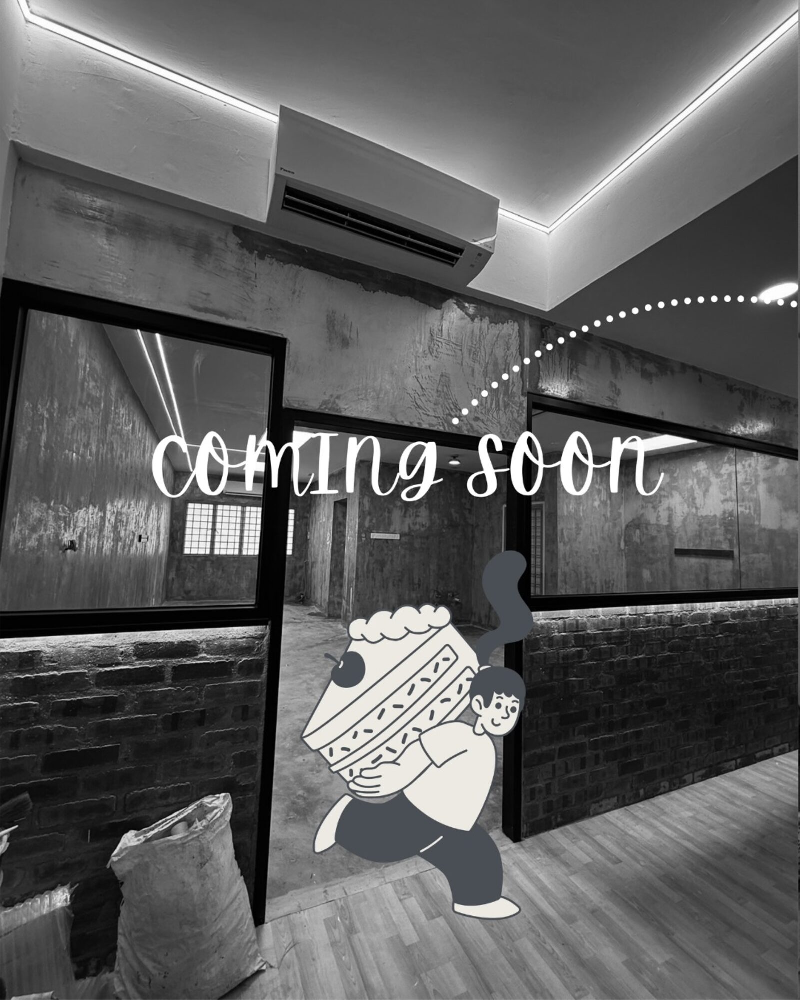 Black-and-white photo of the Chubbs kitchen with an illustrated baker carrying a cake, captioned Coming Soon