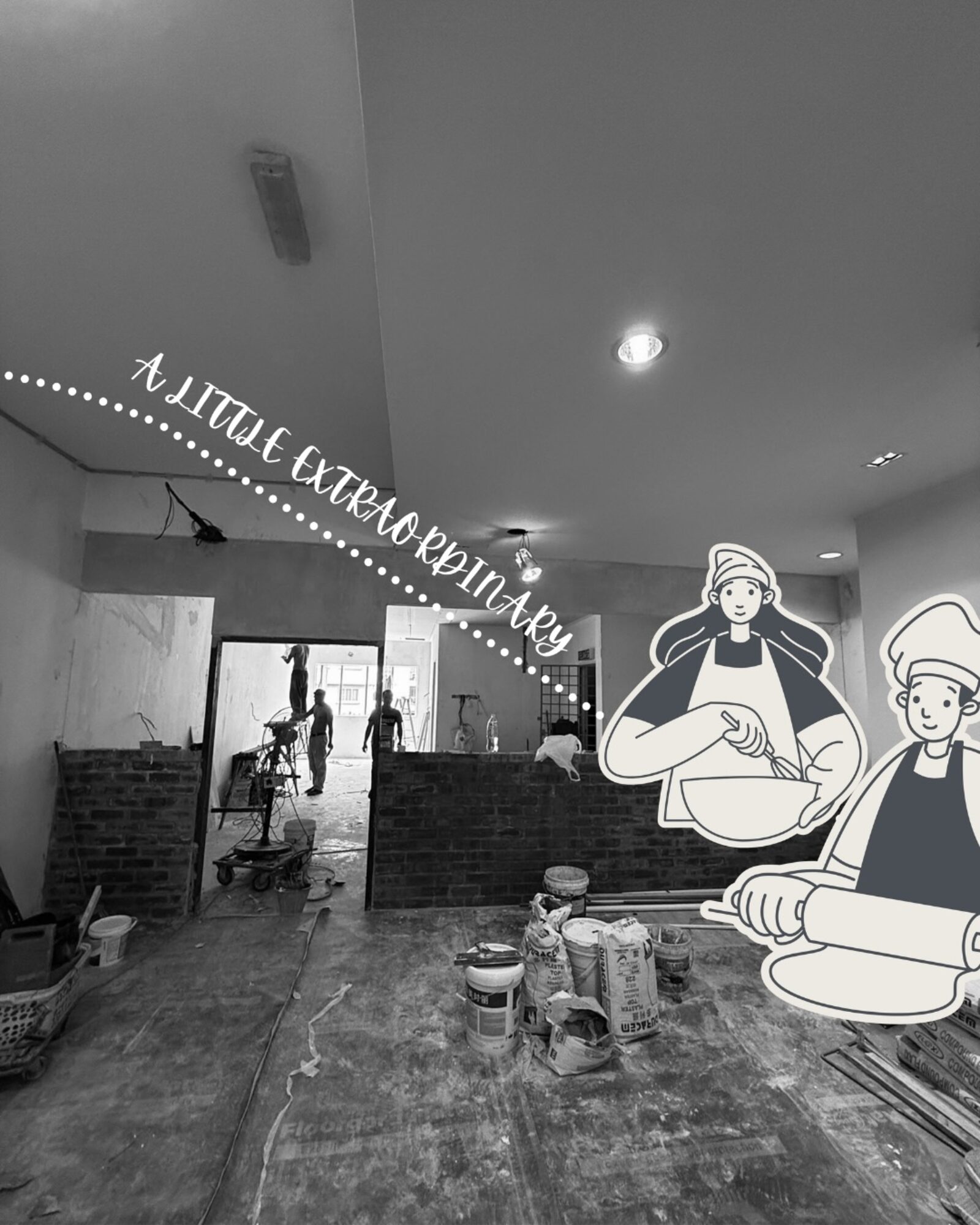 The Chubbs kitchen under construction, with illustrated bakers