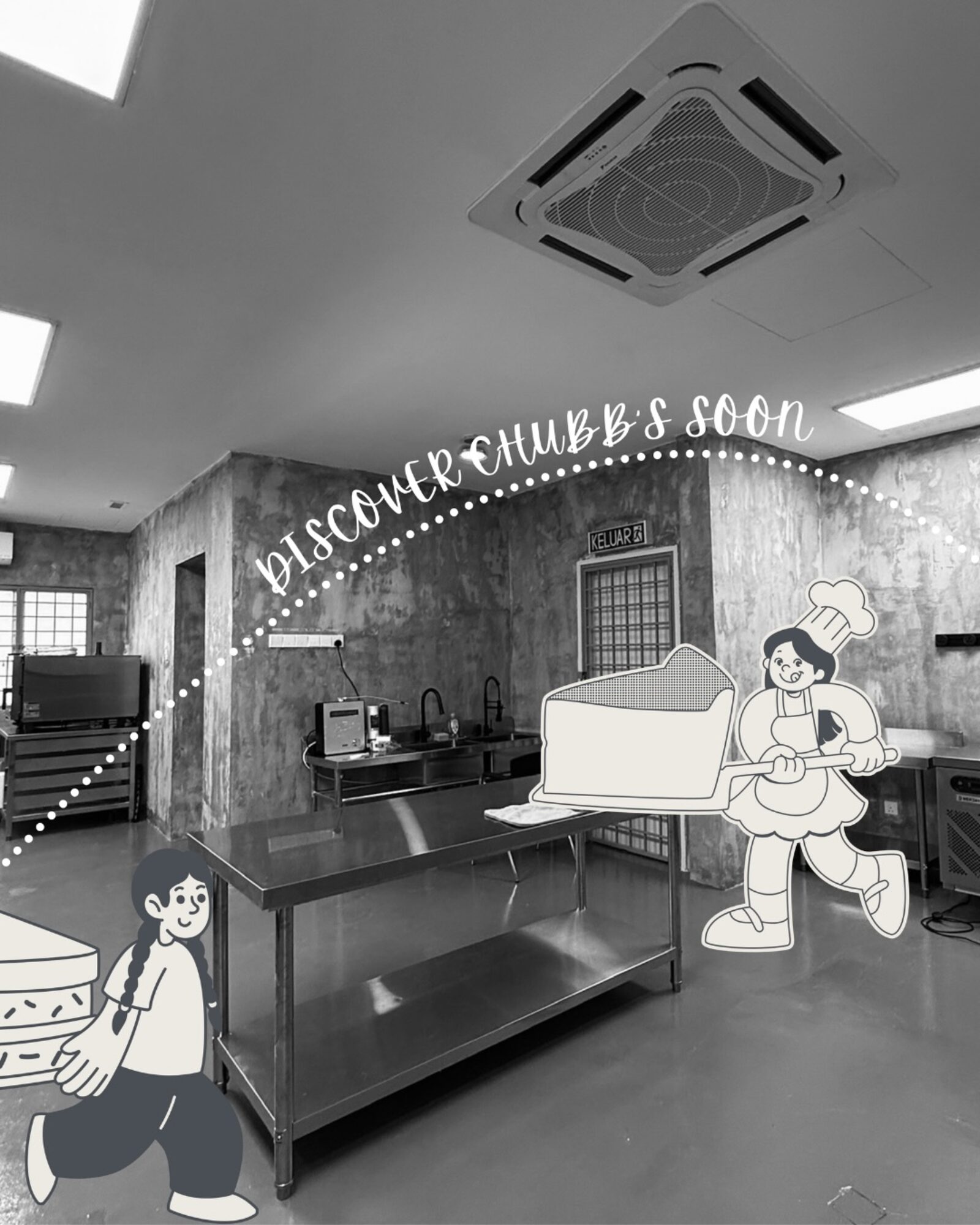 The finished Chubbs kitchen with an illustration of a baker carrying a cake